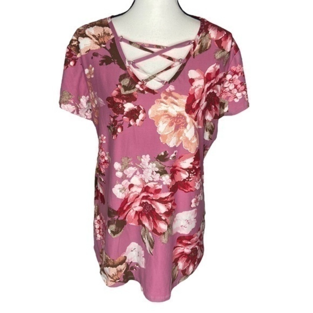 No Boundaries Pink Floral Top Print Criss Cross Chest Detail Short Sleeve Top